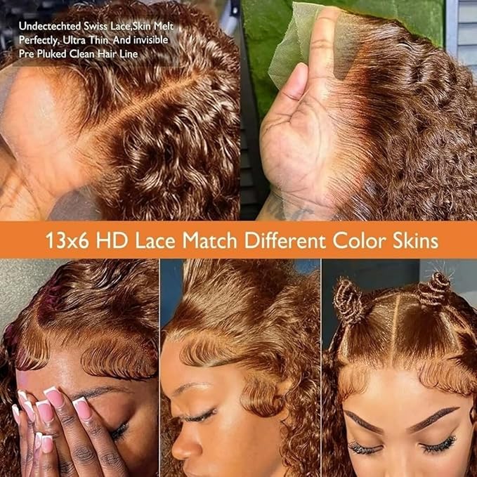 32 Inch Chocolate Brown Deep Wave Lace Front Wigs Human Hair Pre Plucked 200% Density 13x6 HD Lace Frontal Wigs with Baby Hair Deep Curly Wet and Wavy Glueless Wigs for Women (4# Brown, 32 Inch)