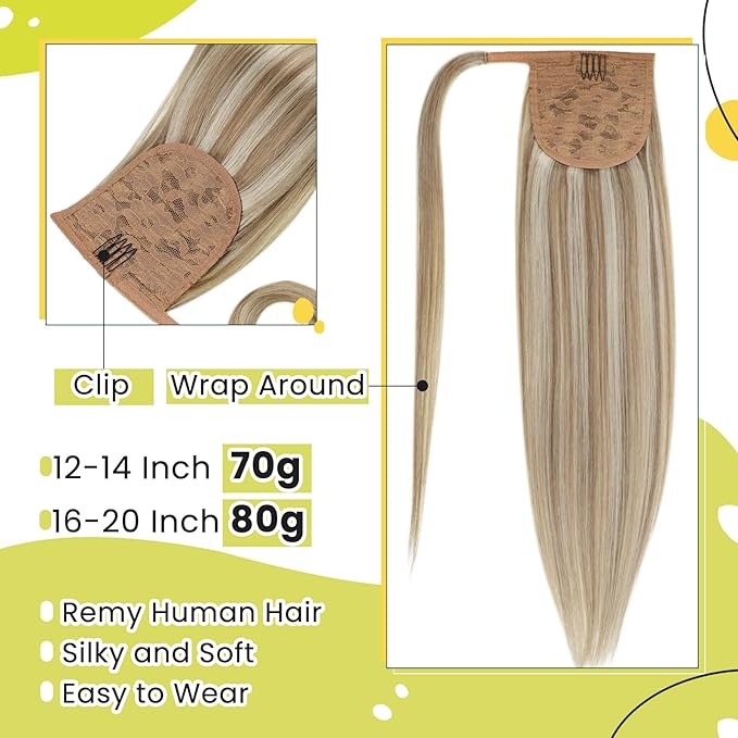 RUNATURE Ash Brown Human Hair Ponytail Extension 14 Inch Straight Ponytail Human Hair Extensions with Clips Highlighted Platinum Blonde Ponytail Hair Extensions Real Human Hair Full Ends 70 Gram