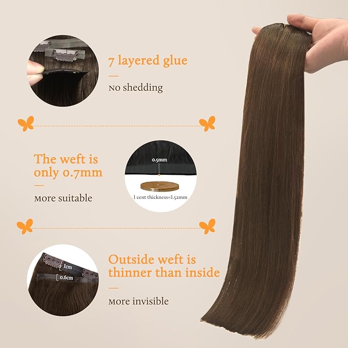 DOORES Chocolate Brown Clip in Hair Extensions, 16 Inch 110g 7pcs, Seamless Remy Human Hair Straight Invisi Edge Extensions