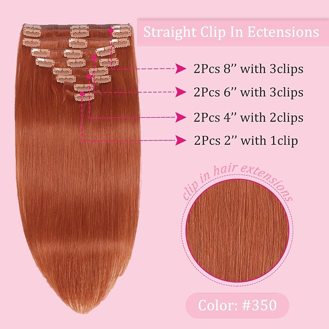 Copper Clip in Hair Extensions Real Human Hair 18inch 110g Brazilian Hair Extensions Clip in Human Hair Clip ins 8pcs with 18clips Double Weft Invisible Seamless Human Extensions for Women