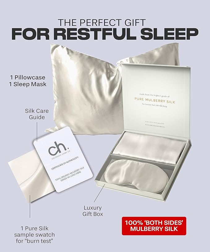 Colorado Home Co Silk Pillowcase for Hair and Skin - Off White Queen Size 100% Silk Pillow Covers - 20x30 - Pillow Case for Acne with Eye Mask for Sleeping