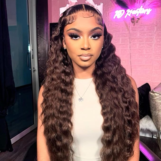 MEIMEI 250% Density HD Full Lace Front Wigs Human Hair Loose Deep Wave Chocolate Brown 32 Inch 15A Grade Real Full Large Lace Space Brown 13x4 Loose Wave Lace Frontal Wigs Human Hair Pre Plucked