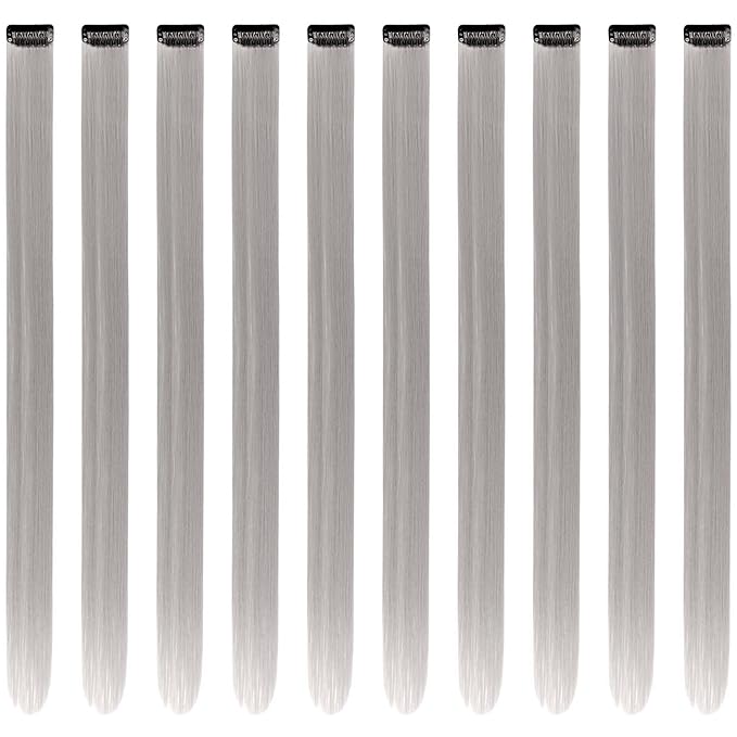Grey Hair Extensions Clip in for Kids Girls Women, 10 Pieces 22 Inch Long Straight Colored Heat Resistant Synthetic Highlight Party Clip ins