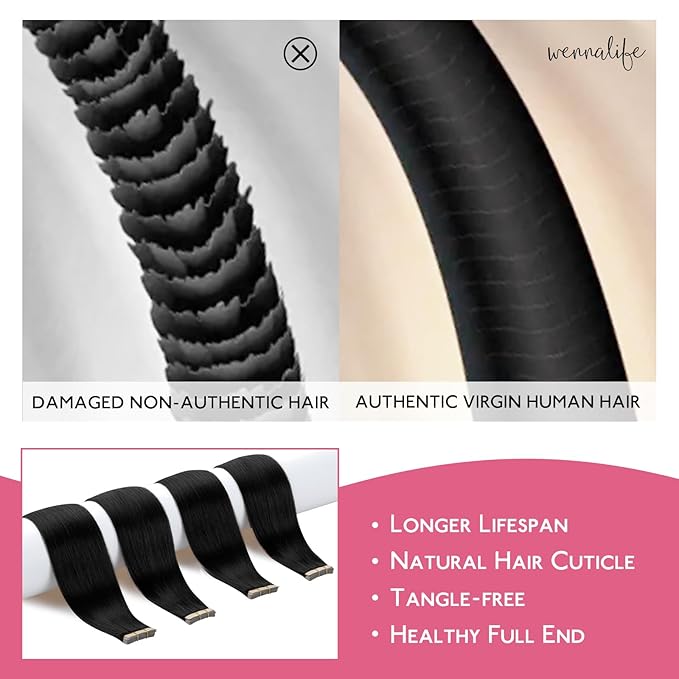 WENNALIFE Tape in Hair Extensions Human Hair Jet Black Tape in Extensions, 10pcs 25g 14 inch Remy Invisible Tape Ins Straight Colored Soft Real Human Hair Tape in Extensions Refill Set Extensions