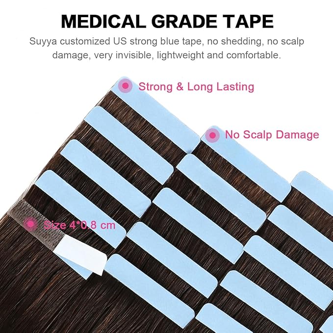 SUYYA Tape in Hair Extensions Human Hair Darkest Brown 28 Inch 60g/pack 20pcs Straight Seamless Skin Weft Tape in Real Human Hair Extensions(28inch #2 Darkest Brown)
