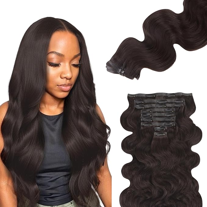 Lashey Seamless Clip in Hair Extensions Human Hair 130g 9pcs 14 Inch Body Wave #2 Dark Brown Clip in Hair Extensions for Women PU Weft Human Hair Clip ins Extensions