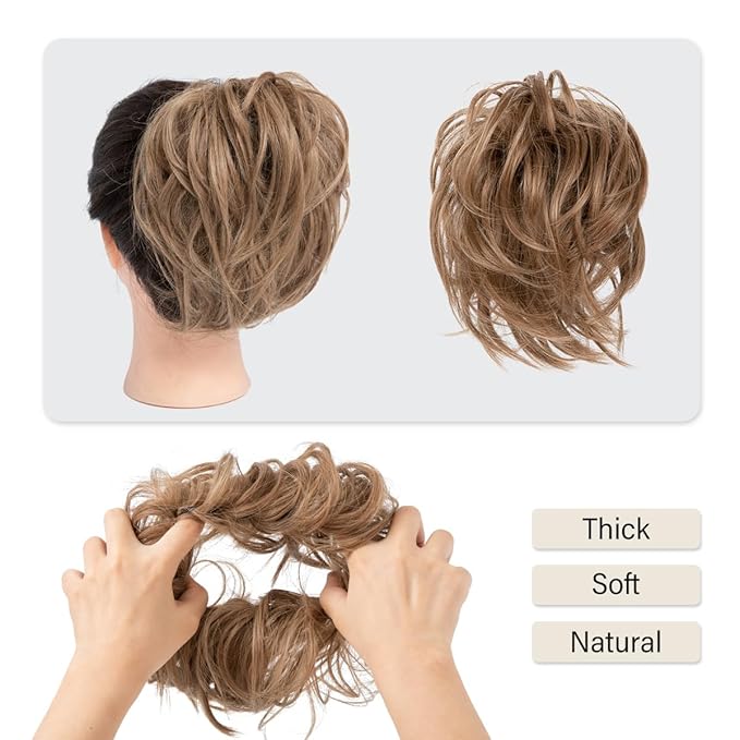 SARLA Messy Hair Bun Hair Pieces Curly Synthetic Updo Fake Scrunchies Ponytail Extension for Women Dirty Blonde 1PCS