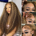 CYNOSURE 13x5 Highlight Ombre Deep Wave Curly Lace Front Wigs Human Hair 26Inch Honey Blonde Deep Curly Wig HD Transparent Lace Frontal Wigs Pre Plucked 180 Density Human Hair for Women