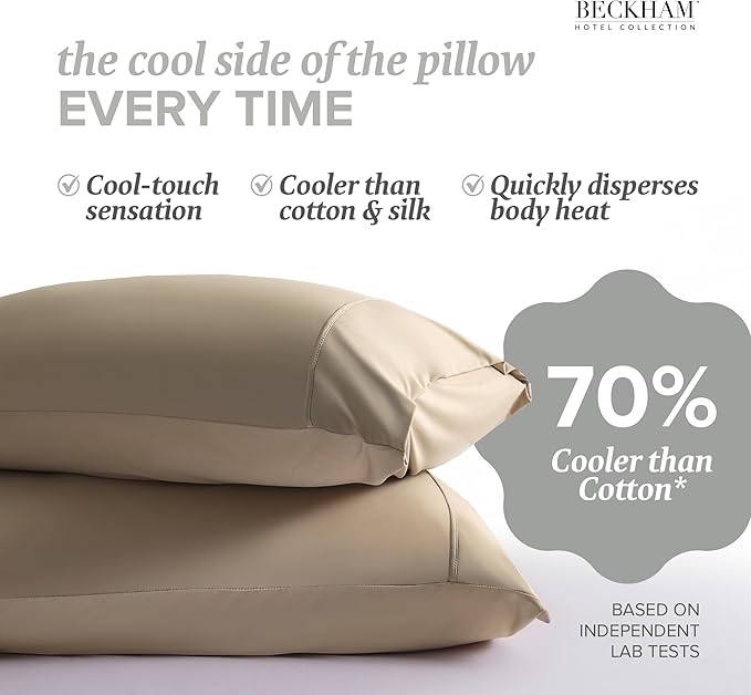 Beckham Hotel Collection Cooling Pillowcases for Hot Sleepers, Standard/Queen Size Set of 2, Cool Bedding, Envelope Closure, Silky Soft, Breathable, Moisture-Wicking, Sand