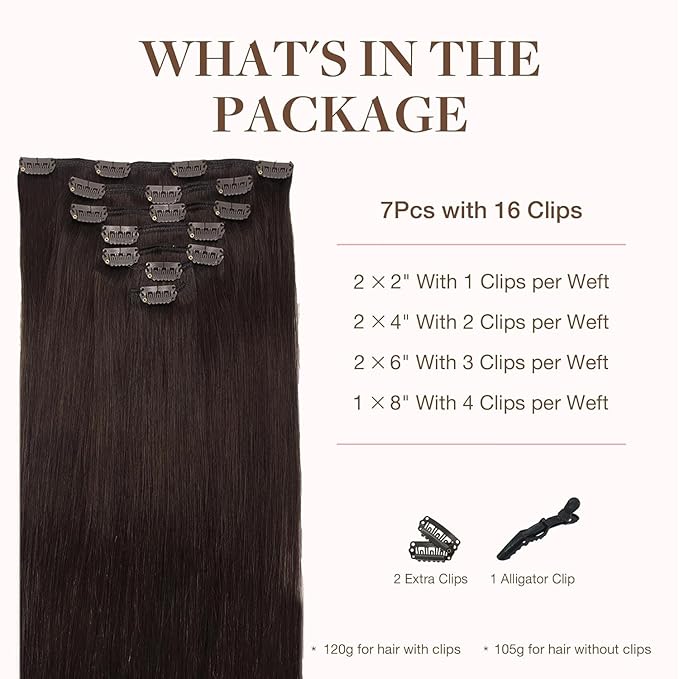 GOO GOO Clip in Hair Extensions Real Human Hair, Remy Human Hair Extensions Clip ins for Women, Natural Human Hair, 16inch 120g 7Pcs, 2A Light Brown