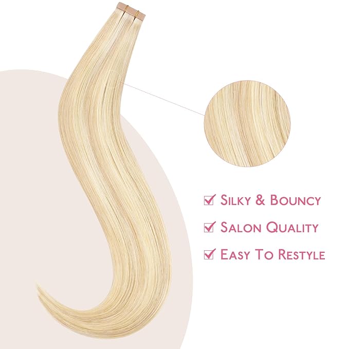 WENNALIFE Tape in Hair Extensions Human Hair Balayage Light Wheat Platinum Blonde Tape in Extensions, 10pcs 30g 20 inch Remy Invisible Tape Ins Straight Colored Soft Real Human Hair Tape in Extensions