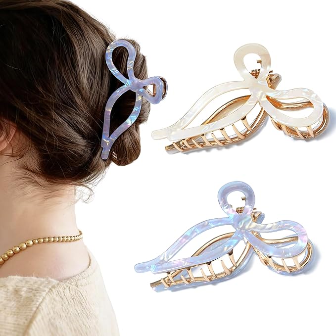 Mesovor 2 Pack Gold Metal Bow Hair Claw Clips, Nonslip 4.3" Large Hair Grip Hairclips for Thin and Thick | Acrylic Metal Strong Hold Claw Clip (Mermaid Colorful)