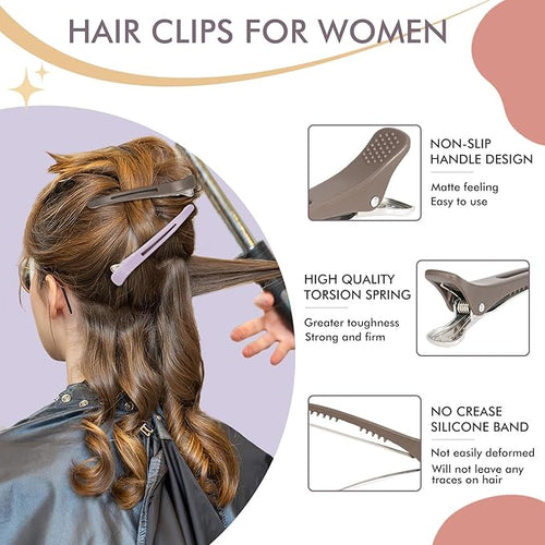 12pcs Duck Billed Hair Clips for Styling Sectioning Rollers Blowout Cutting - Professional Salon Clips with Silicone Band for Stylists Hairdressers Thick Long Hair – Ashen 6 Colors 4.48” Long