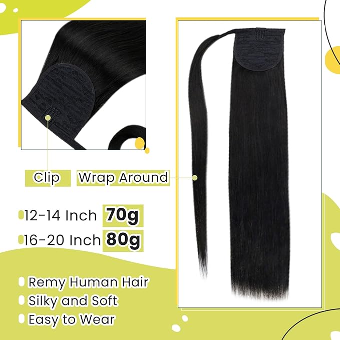 RUNATURE Ponytail Extension Human Hair, 14 Inch 70g Real Human Hair Ponytail, Striaght Natural Hairpiece with Wrap Around Magic Paste, Daily Wear, Easy to Install, #1B Off Black #1B Off Black