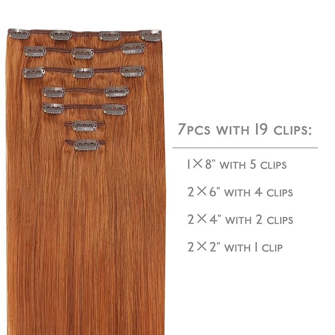 WENNALIFE Real Human Hair Clip in Extensions, 14 Inch 120g 7pcs, Dirty Ginger Remy Hair Clip Ins Double Weft
