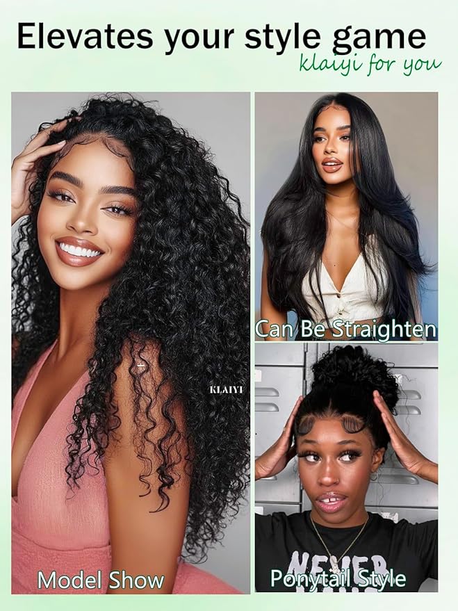 KLAIYI Water Wave HD Real Scalp Glueless Precut 13x4 Lace Front Human Hair Wig Drawstring Bye Bye Knots Pre Plucked Bleached Pre Everything 30S Ready to Wear and Go Deep Curly Wave Beginner Wig 16Inch
