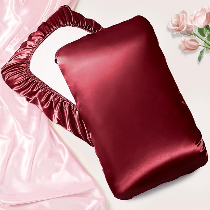 Manyshofu Satin Pillowcases for Hair Protection - 2Pcs Maroon Pillow Cases, Elastic Band Standard & Queen Satin Pillowcases Luxury Silky Pillow Cases Travel Pillow Covers, MSF2402010590