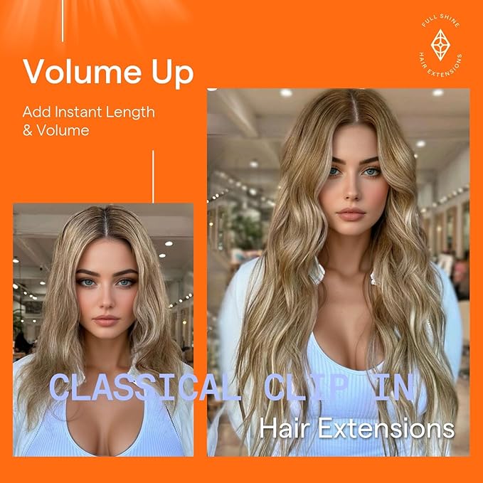 Full Shine Clip in Hair Extensions Human Hair Brown Balayage Hair Extensions Clip ins Real Human Hair Brown Ombre Platinum Blonde Clip in Extensions Straight 16 Inch 7 Pcs 120 G