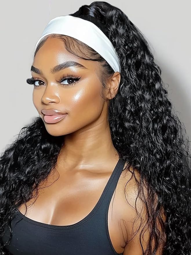 KLAIYI Human Hair Water Wave Curly Non Lace Front Wigs for Black Women, Deep Wave Glueless Wear and Go Half Wig, 30S Ready to Go Wig with Band, Beginner Friendly, 20Inch