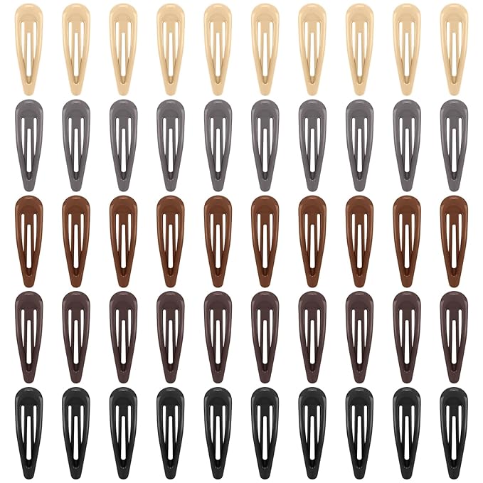 Neutral Shades Glossy Snap Hair Clips by FLAREANN – 50 PCS 2 Inch Non-Slip Metal Hair Barrettes for Women in Beige, Black, Brown, Light Brown & Grey – Minimalist Hair Accessories