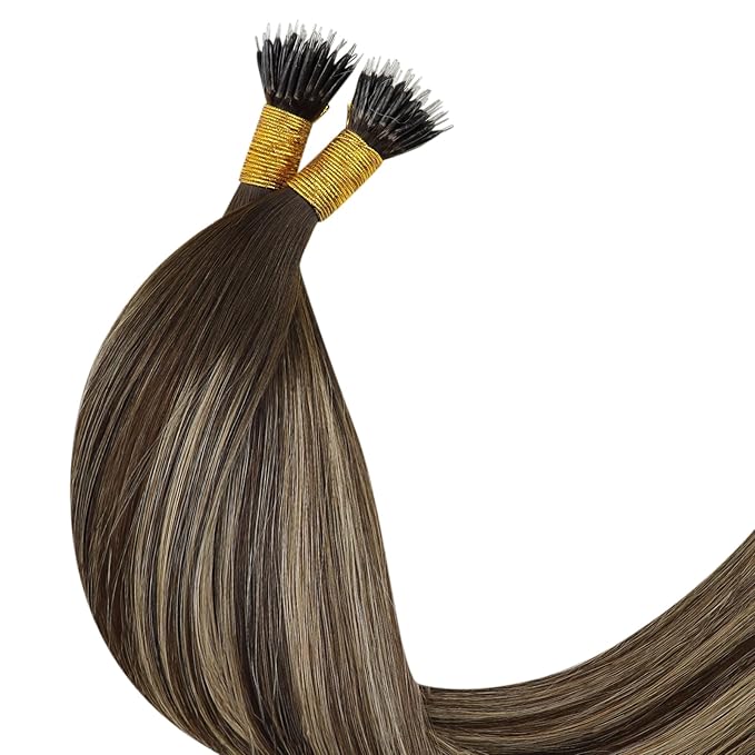 YoungSee Nano Ring Hair Extensions Human Hair Balayage Nano Link Hair Extensions Remy Hair 22Inch Nano-Bead Extension Dark Brown with Caramel Blonde Human Hair Extensions Nano-Tip 50G/50S