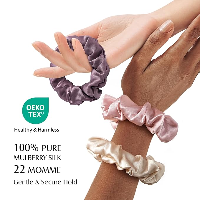 YFONG 3 PCS 100% Mulberry Silk Scrunchies for Women Girls, 22 Momme Soft Hair Ties for Frizz & Breakage Prevention, Elastic Ponytail Holders Gentle And No hurt, (Pink+Champagne+Plum Purple)