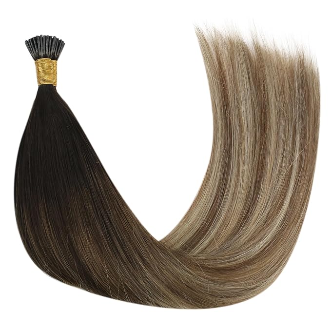 YoungSee Itip Hair Extensions Brown Balayage 24 Inch Keratin Itip Human Hair Extensions Ombre Dark Brown to Medium Brown with Blonde Itip Extensions Long Straight Hair 50g 50s