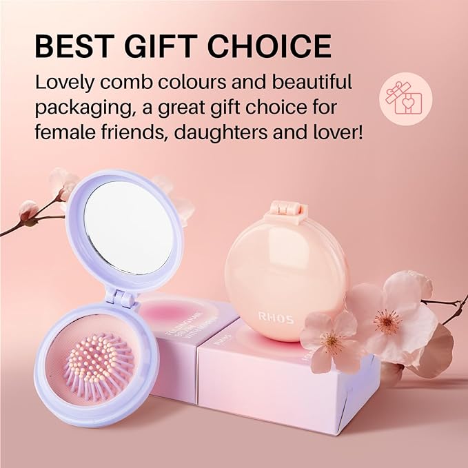 RHOS Hair Brush with Mirror for Women, Girls - Compact Folding Brush with Soft Nylon Bristles and Mirror - Portable Hair Brush for Travel (Purple)