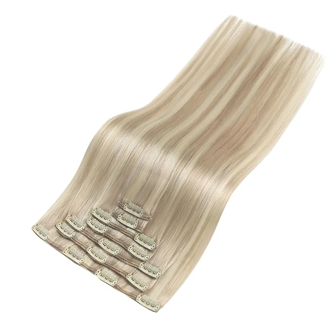 YoungSee Blonde Hair Extensions Clip ins Ash Blonde Human Hair Clip in Extensions Highlights Bleach Blond Clip in Hair Extensions Real Human Hair for Full Head 20 inch 100G 7Pcs