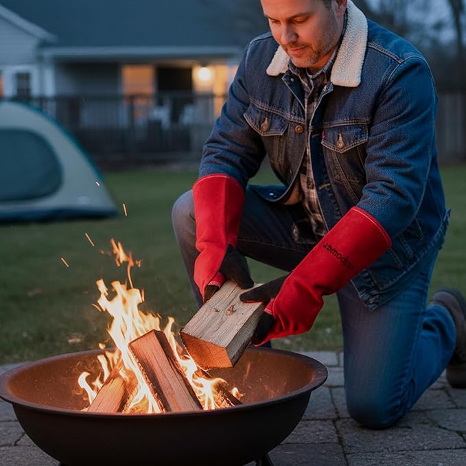 Fireplace Welding Gloves Fire Heat Resistant16IN 932°F Fireproof Leather for Fire Pit Wood Stove Campfire Furnace BBQ Baking,Grill Oven Stick Mig Tig Gear Birthday Christmas Gift for Man L