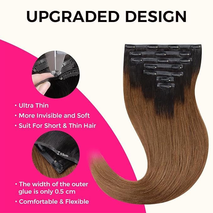 Lashey Seamless Clip in Hair Extensions Human Hair 110g 7pcs Light Yaki Straight Ombre Natural Black to Medium Auburn Clip in Hair Extensions with Invise Edge 22 Inch Remy Human Hair Extensions