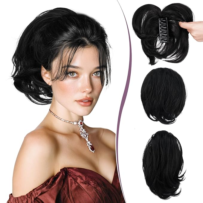 RUWISS Claw Clip Short Human Hair Ponytail Extension with Bendable Metals for DIY Styles Straight Messy Bun Hair Piece for Women Hairpieces for Daily Wear, 9 Inch Black