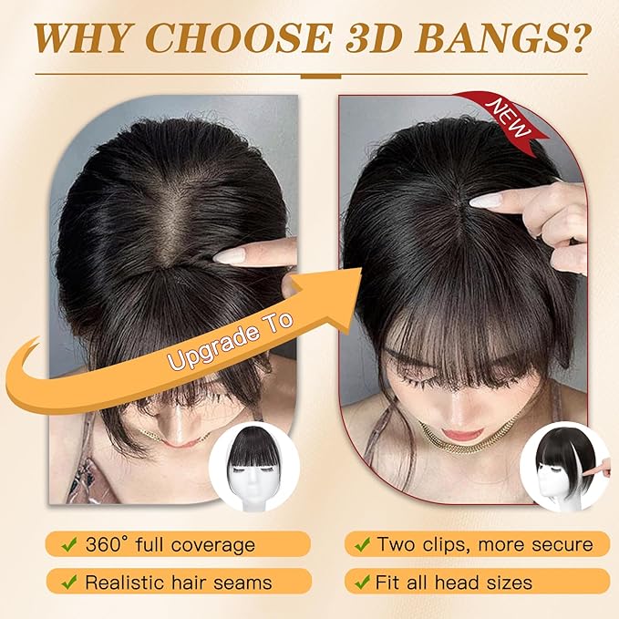 NAYOO Hair Toppers for Women Real Human Hair, 360° Cover Clips in Full Fringe Fake Bangs Hair Pieces for Women Girls Daily Wear (2# Darkst Brown)