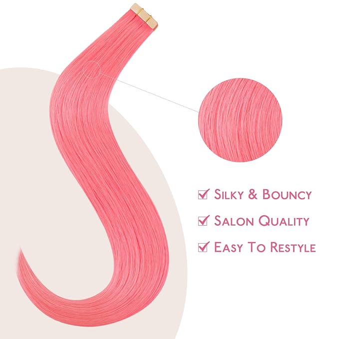 WENNALIFE Tape in Hair Extensions Human Hair Light Pink Tape in Extensions, 10pcs 30g 22 inch Remy Invisible Tape Ins Straight Colored Soft Real Hair Tape