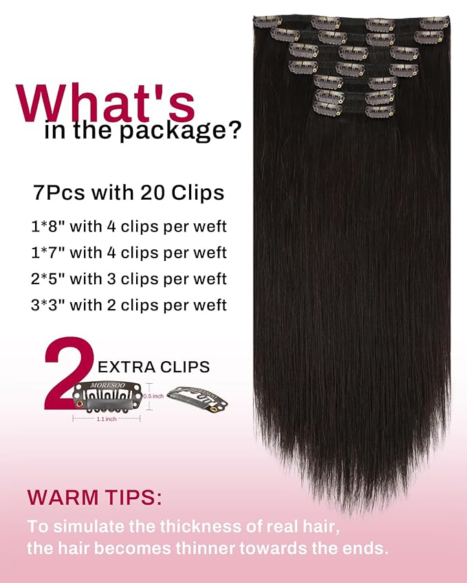 Moresoo Clip in Hair Extensions Remy Double Weft Human Hair Clip in Extensions Straight Hair Extensions for Women Dark Brown #2 7pcs 150g 20inch
