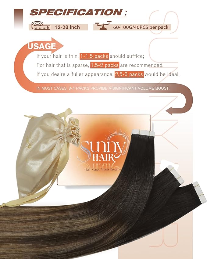 Sunny Hair Tape in Hair Extensions Human Hair, 16 Inch 40Pcs Remy Tape in Extensions Black Balayage Brown Ombre Ash Blonde Hair Extensions Tape in 100g