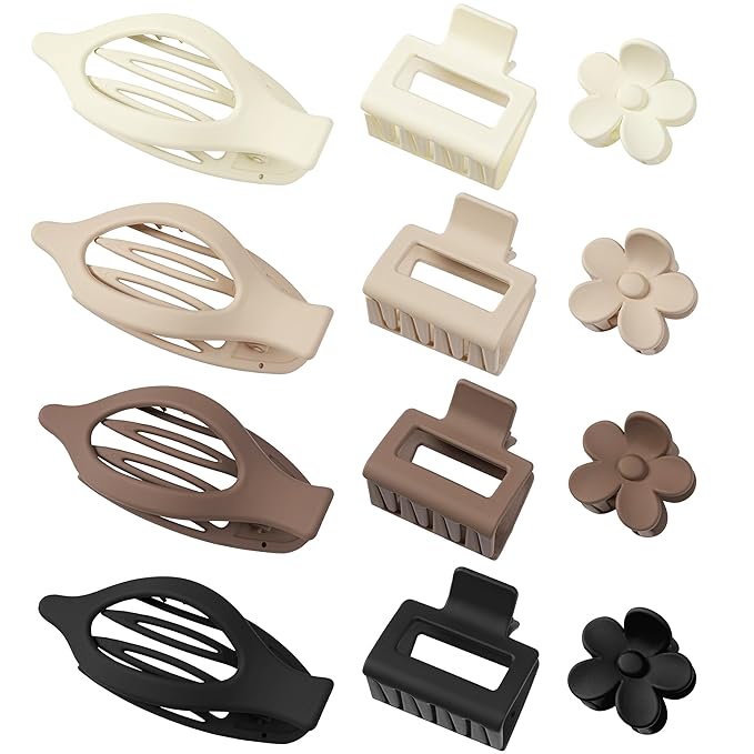3 Styles 12PCS Hair Clips for Women Small Medium Big Claw Clips for Thin Thick Hair 4.6'' Flat Hair Claws 2'' Rectangle Hair Claw Small Flower Clips Combination |Hair Accessories for Women