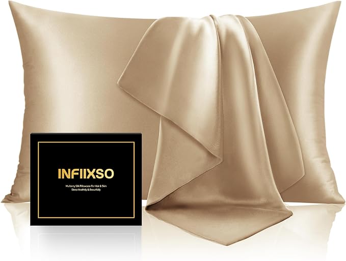 INFIIXSO Mulberry Silk Pillowcase for Hair and Skin, Silk Pillow Cases Queen Size with Hidden Zipper 20x30 Inches, Super Smooth and Soft Cooling Pillow Cases for Hot Sleepers(Champagne, 1 Pack)