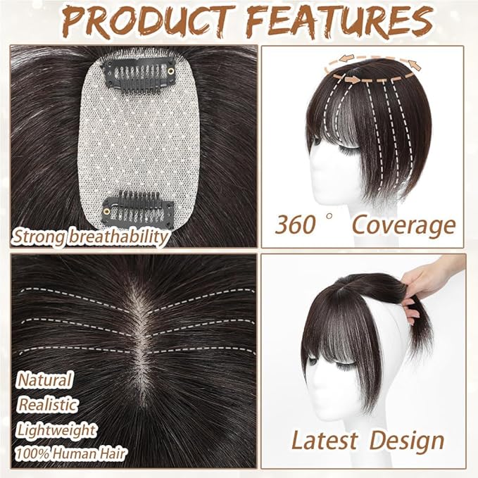 Amchoice Hair Toppers for Women Real Human Hair, Bangs Hair Clip 360° 3D Cover Bangs, Human Hair Toppers for Women Daily(Dark Brown, 3D French Bangs (5 * 9))