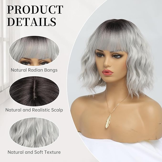 Short Silver Wigs for Women Ombre Grey Wavy Bob Wig with Bangs Medium Length Synthetic Hair Water Wave Dark Roots Wig Gray Colorful Wigs（14 Inches）