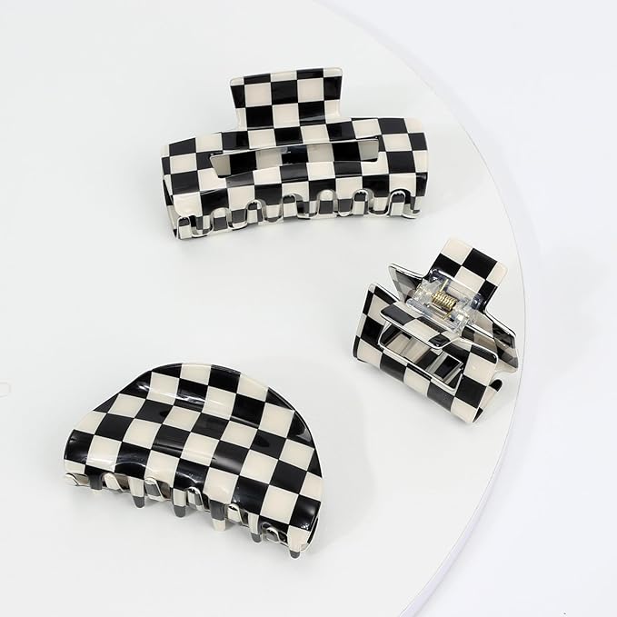 3 PCS Checkered Hair Claw Clips for Thick and Thin Hair Large Hair Clips Square Y2K Hair Checker Barrettes Black And White Checkered Jaw Clip Non Slip Checkerboard Clamps Hair Accessories for Women