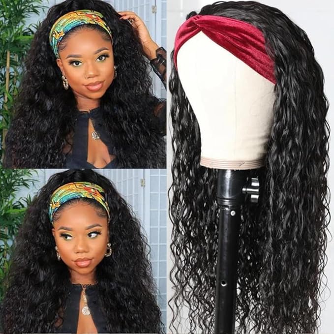 KLAIYI Headband Human Hair Wig Water Wave Curly Non Lace Front Wigs for Black Women Deep Wave Glueless Wear and Go Half Wig 30S Ready to Go Wig with Band Beginner Friendly 180% Natural Hairline 24Inch