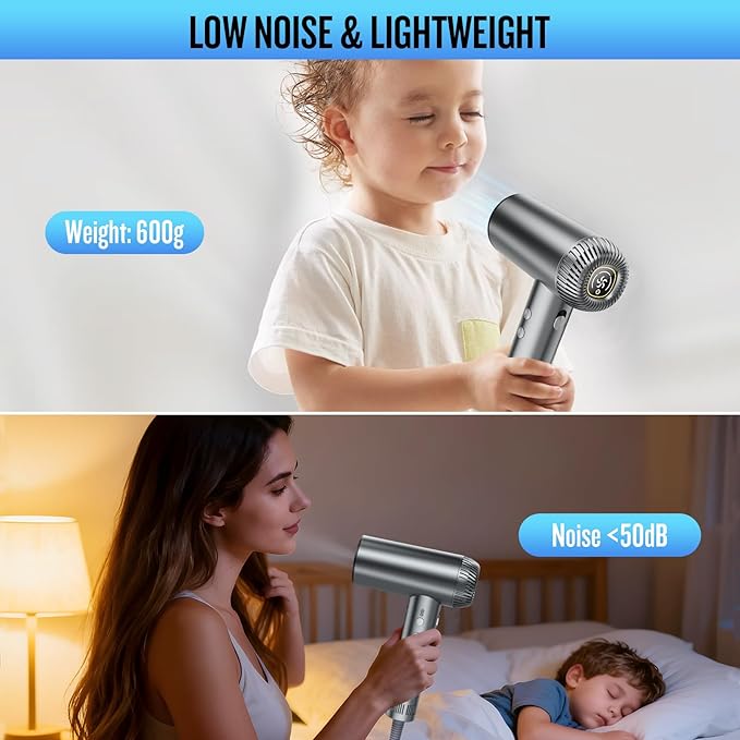 2026 Hair Dryer, 200,000 RPM Professional High Speed Blow Dryer with Diffuser for Women, 1200M Negative Ionic Hair Dryer with Brushless Motor, Low Noise Hair Blow Dryer for Home Travel Salon,Gray