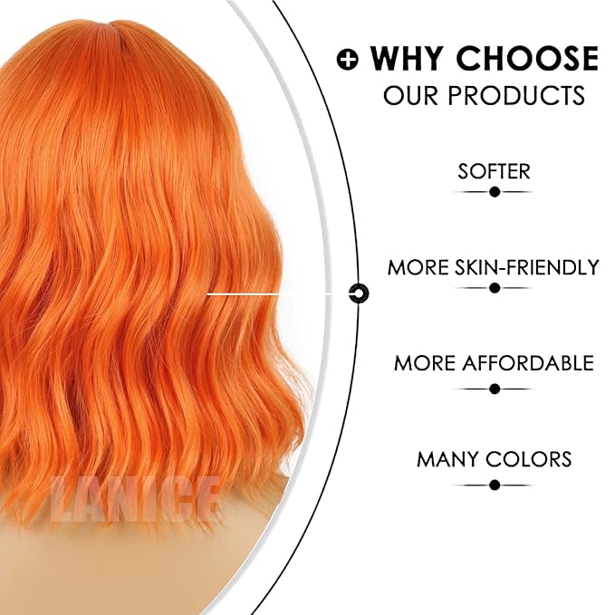 LANICE Short Bob Wigs with Bangs for Women Loose Wavy Hair Shoulder Length Orange Wigs Synthetic Colorful Wigs for Cosplay Daily PartyUse(Orange,12inch)