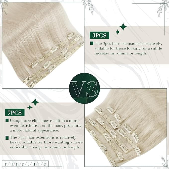 RUNATURE Real Human Hair Clip in Extensions Blonde, Clip in Hair Extensions Remy Human Hair, Double Weft Hair Extensions Clip Ins, Tangle Free Hair For Women, 16 Inch 50g 3pcs, #800 Platinum Blonde