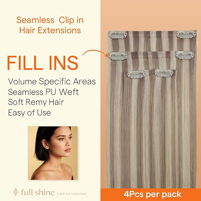 Full Shine Seamless Hair Extensions Clip in Human Hair, 12Inch Higlight Blonde to Ash Blonde Hair Extensions, PU Skin Weft Invisible Fill Ins for Thin Short Hair, Add Lenghth 4Pcs 55g