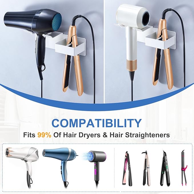Hair Dryer Holder Wall Mounted, Hair Straightener Holder Metal, Adhesive Blow Dryer and Hair Straightener Holder, Bathroom Bedroom Hair Tool Organizer for Flat Iron,Curling Iron,Hairdryer