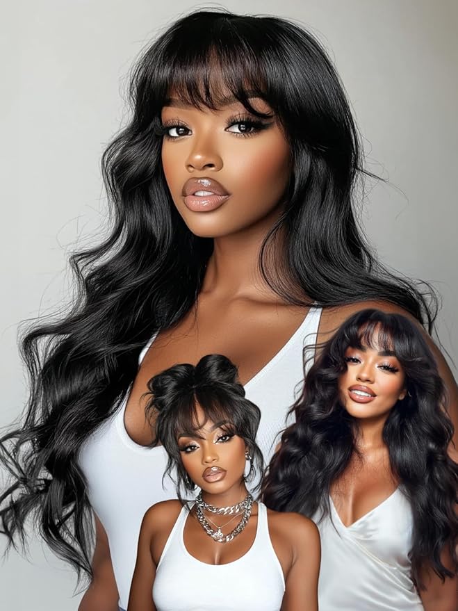 KLAIYI Fluffy Body Wave Curtain Bang Wig Bye Bye Knots Glueless Pre Cut 7x5 Lace Front Wigs Human Hair Loose Wave Pre Bleached Pre Plucked Pre Everything 3S Easy to Wear and Go Wig 180% Density 26Inch