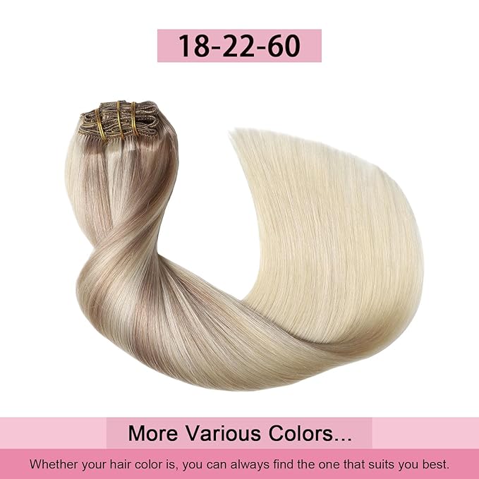 Pro2.0 Clip in Hair Extensions Real Human Hair 120g Thick 7pcs #18/22/60 Balayage Ash Blonde to Golden Blonde and Platinum Blonde Real Human Hair Extensions Clip ins 14inch（#18/22/60-14inch）