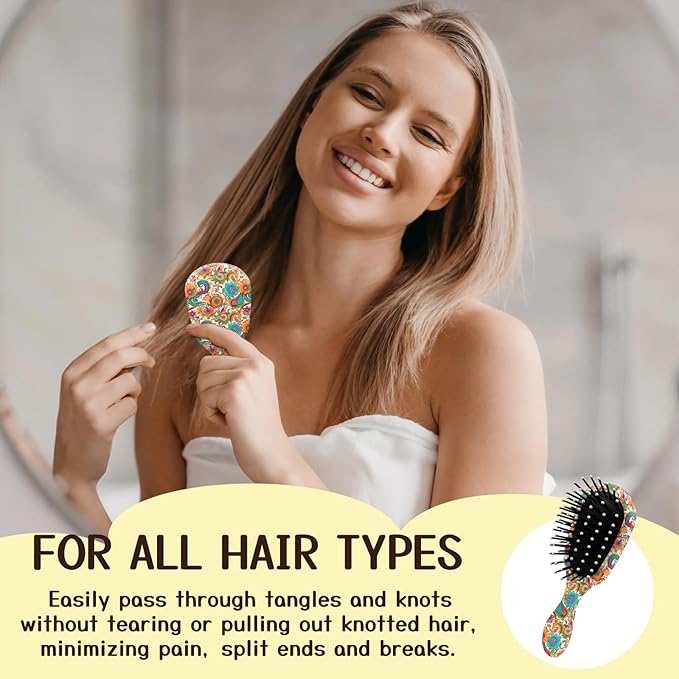 Mini Hair Brush,Cute Detangling Travel Hair Brush,Soft Bristles for Effortless Tangle Removal,Detangler Hairbrush for Women Men Boys Girls Kids Wet Dry All Hair Types (Colorful Bohemian Flowers, Mini)
